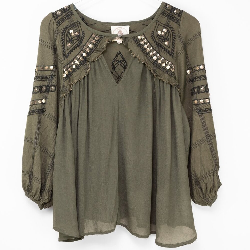 Muche et Muchette Embroidered Sequin Blouse Green Black One Size Fits Most